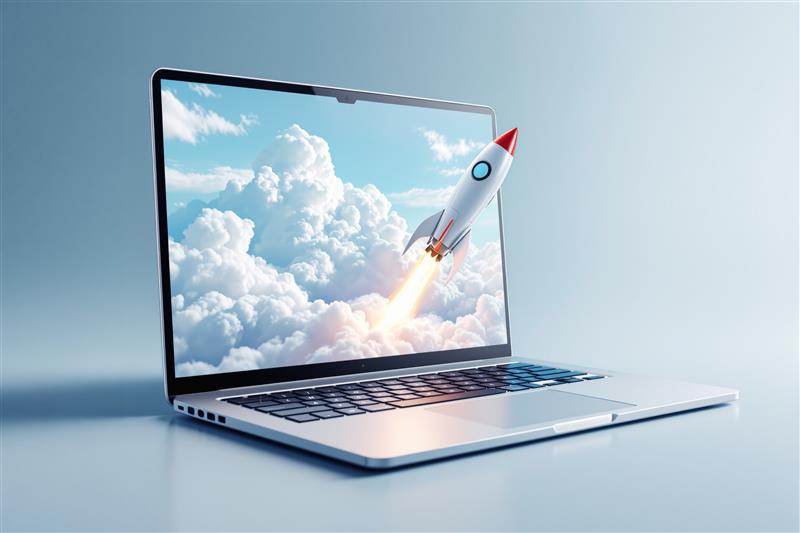 Laptop with a rocket coming out of it