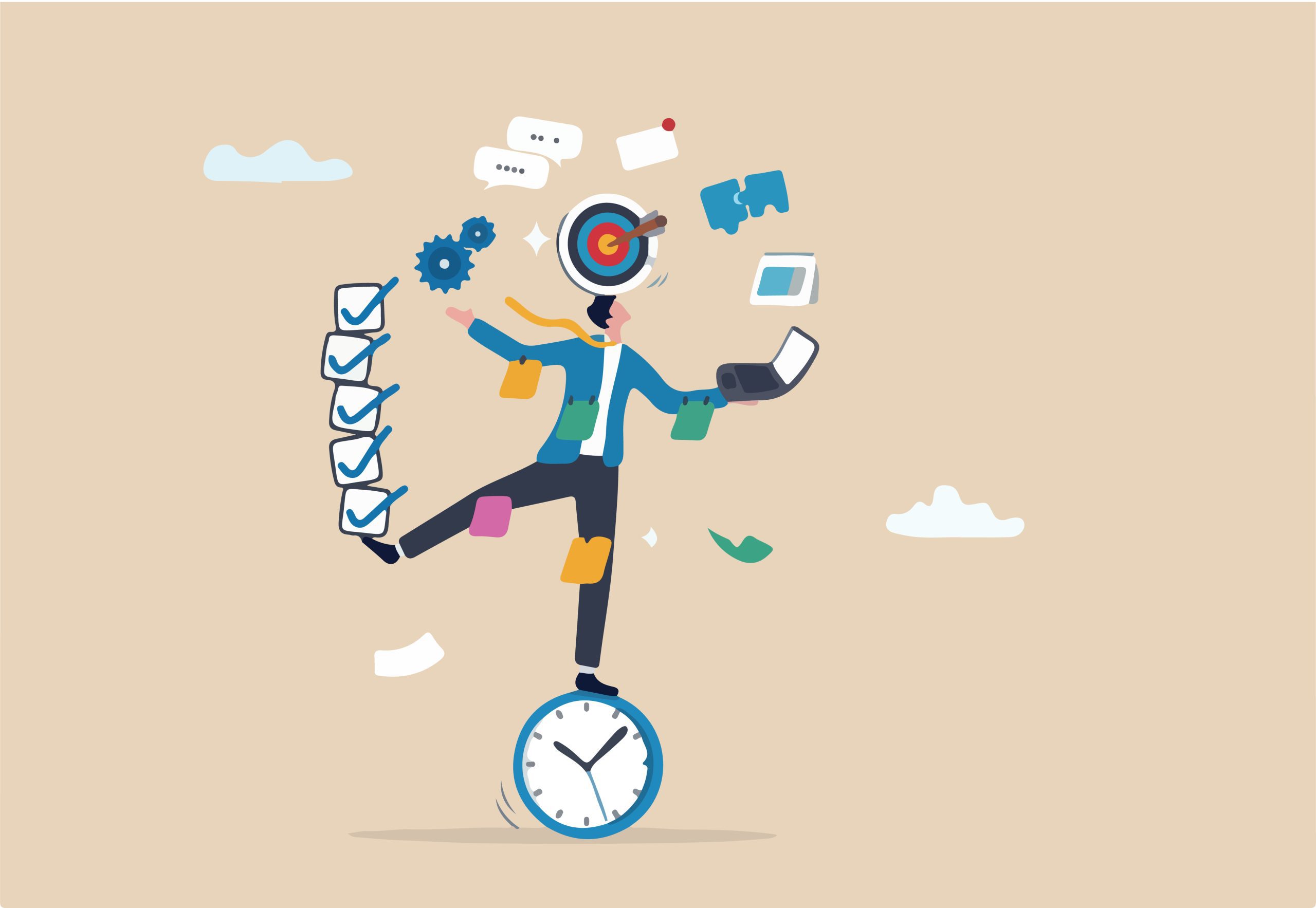 Illustration of a person balancing on a clock while juggling tasks, checklists, messages, and tools, representing time management challenges, multitasking, and hidden costs in business or marketing.