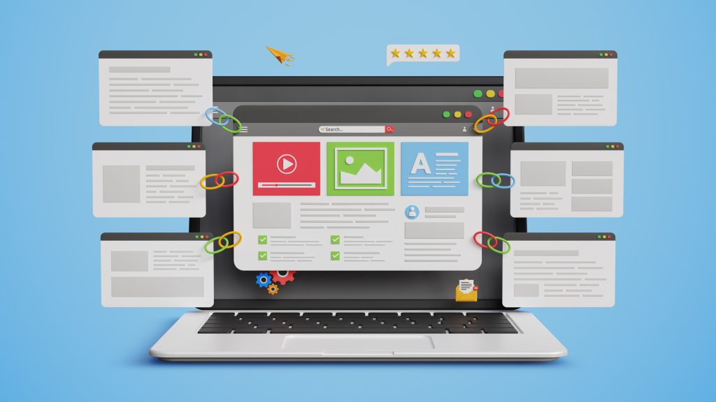 Illustration of a laptop displaying a website layout with content blocks for video, images, and text, surrounded by multiple linked web pages, icons, and rating symbols representing SEO, content marketing, and website optimisation.