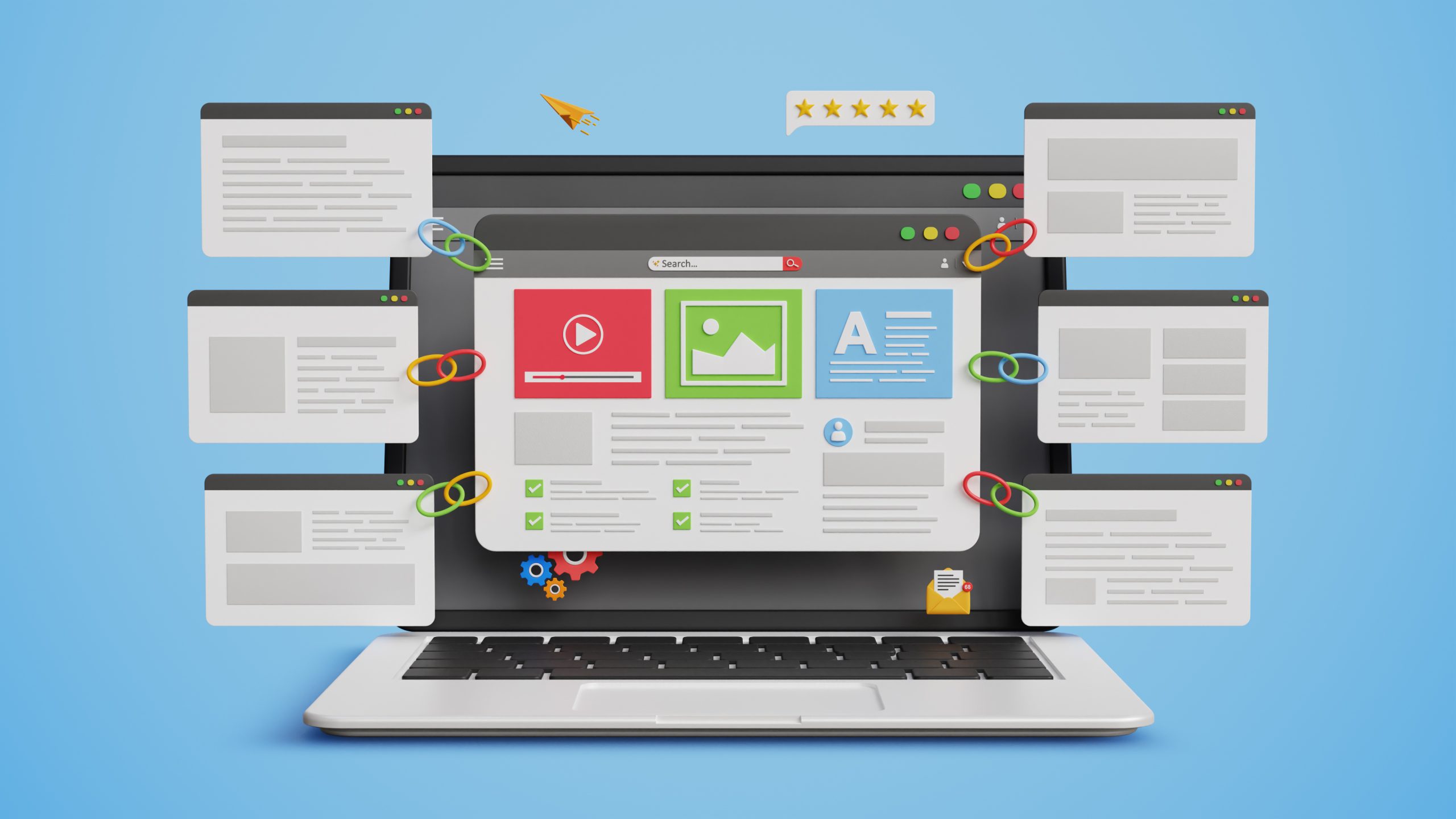 Illustration of a laptop displaying a website layout with content blocks for video, images, and text, surrounded by multiple linked web pages, icons, and rating symbols representing SEO, content marketing, and website optimisation.