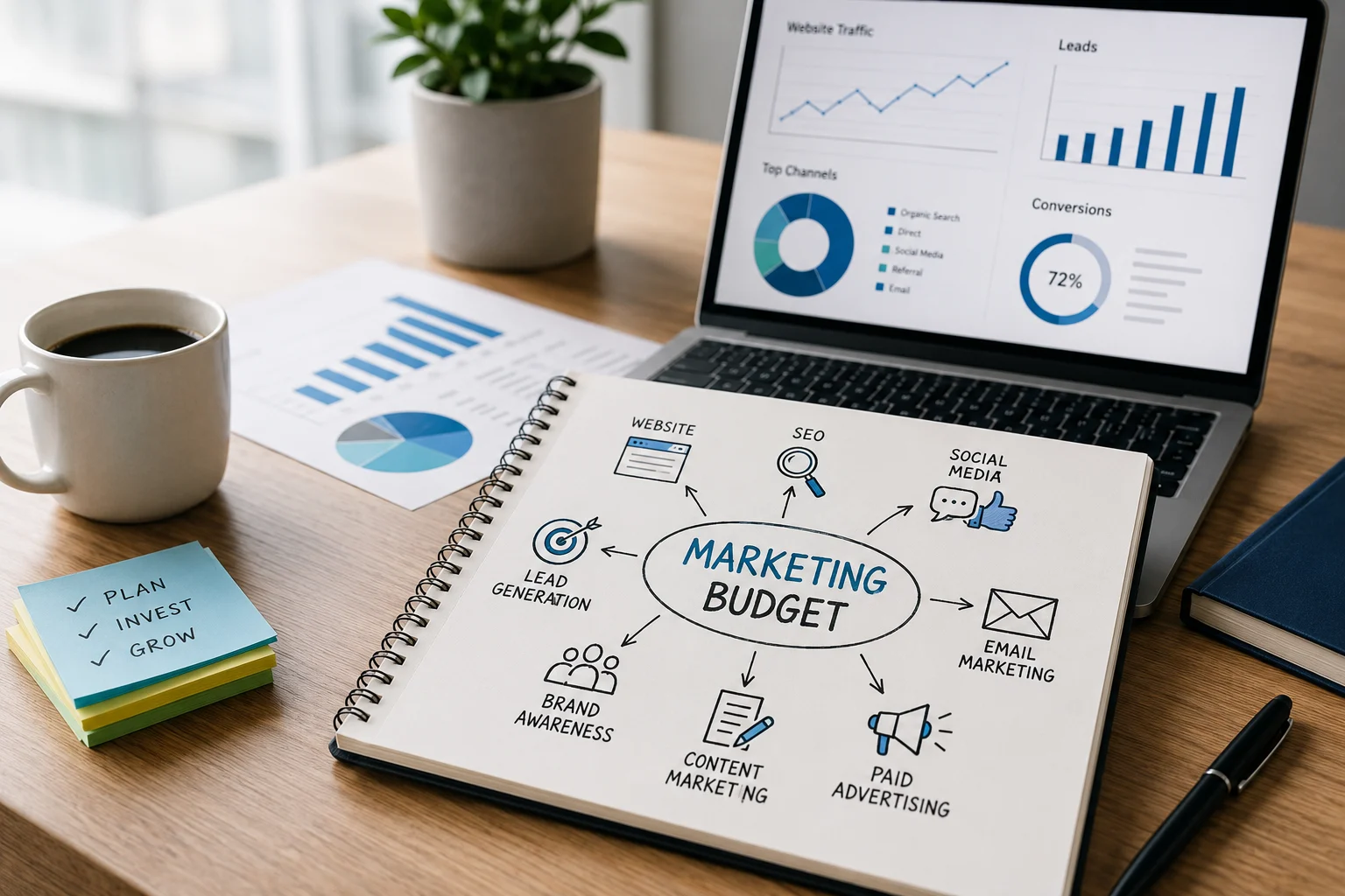 Marketing budget planning workspace showing a laptop with traffic and lead analytics, alongside a notebook illustrating digital marketing channels including SEO, social media, email marketing, content marketing, and lead generation.