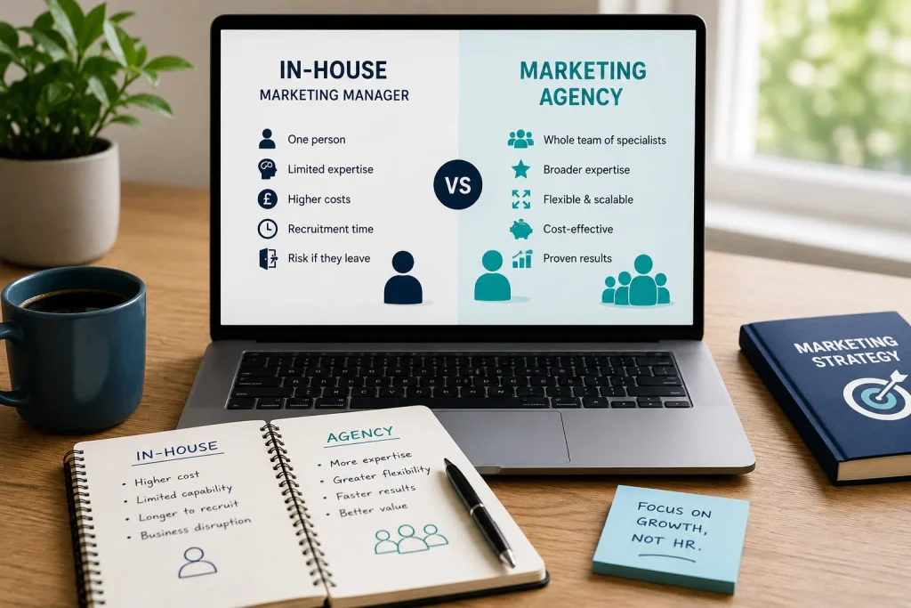 Comparison graphic showing an in-house marketing manager versus a marketing agency, highlighting differences in expertise, costs, scalability, recruitment time, and business value.