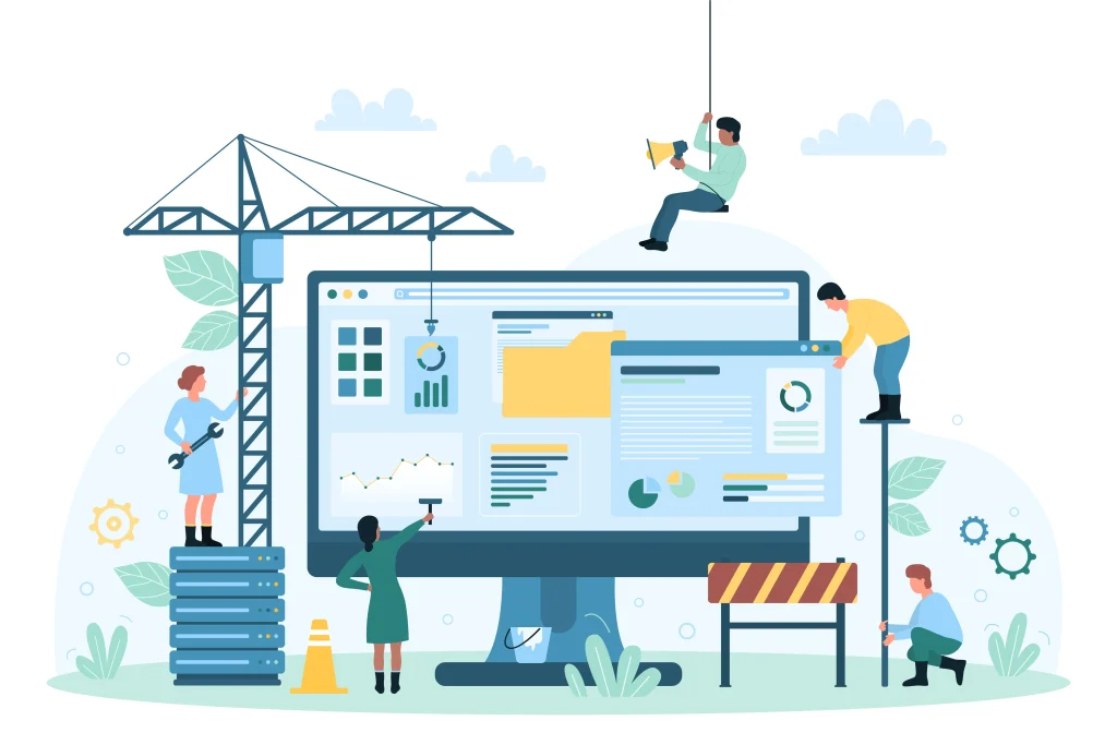 Illustration of a team rebuilding and optimising a website, featuring website dashboards, analytics, content management elements, and workers collaborating on web development and performance improvements.